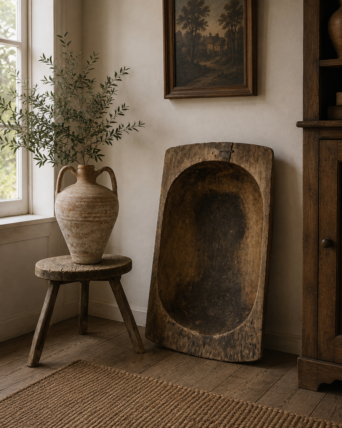 Large Antique Rustic Hand Carved Dough Bowl Trug