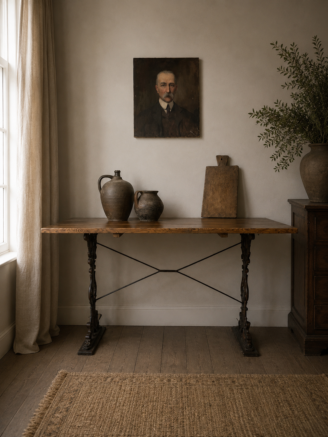 Antique Cast Iron Base Wooden Top Table