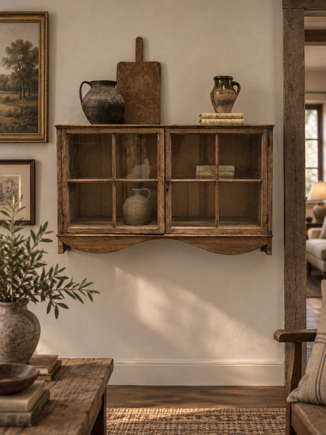 Victorian Rustic Pine Wall Mounted Glazed Display Cabinet