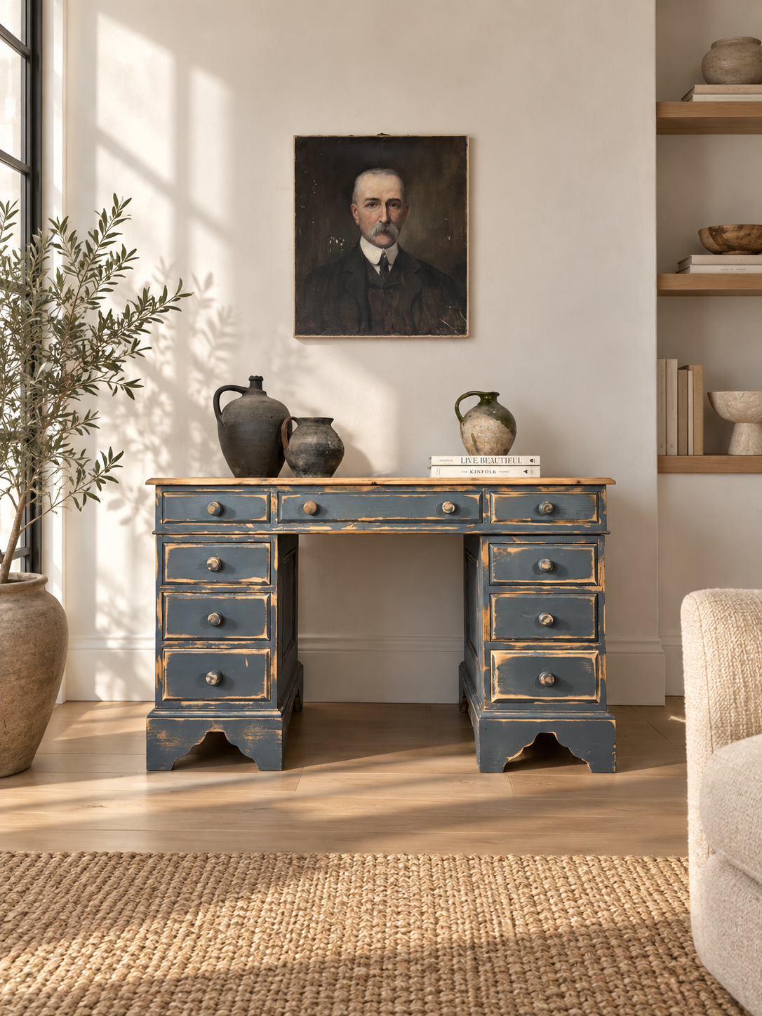 Vintage Distressed Painted Pedestal Desk