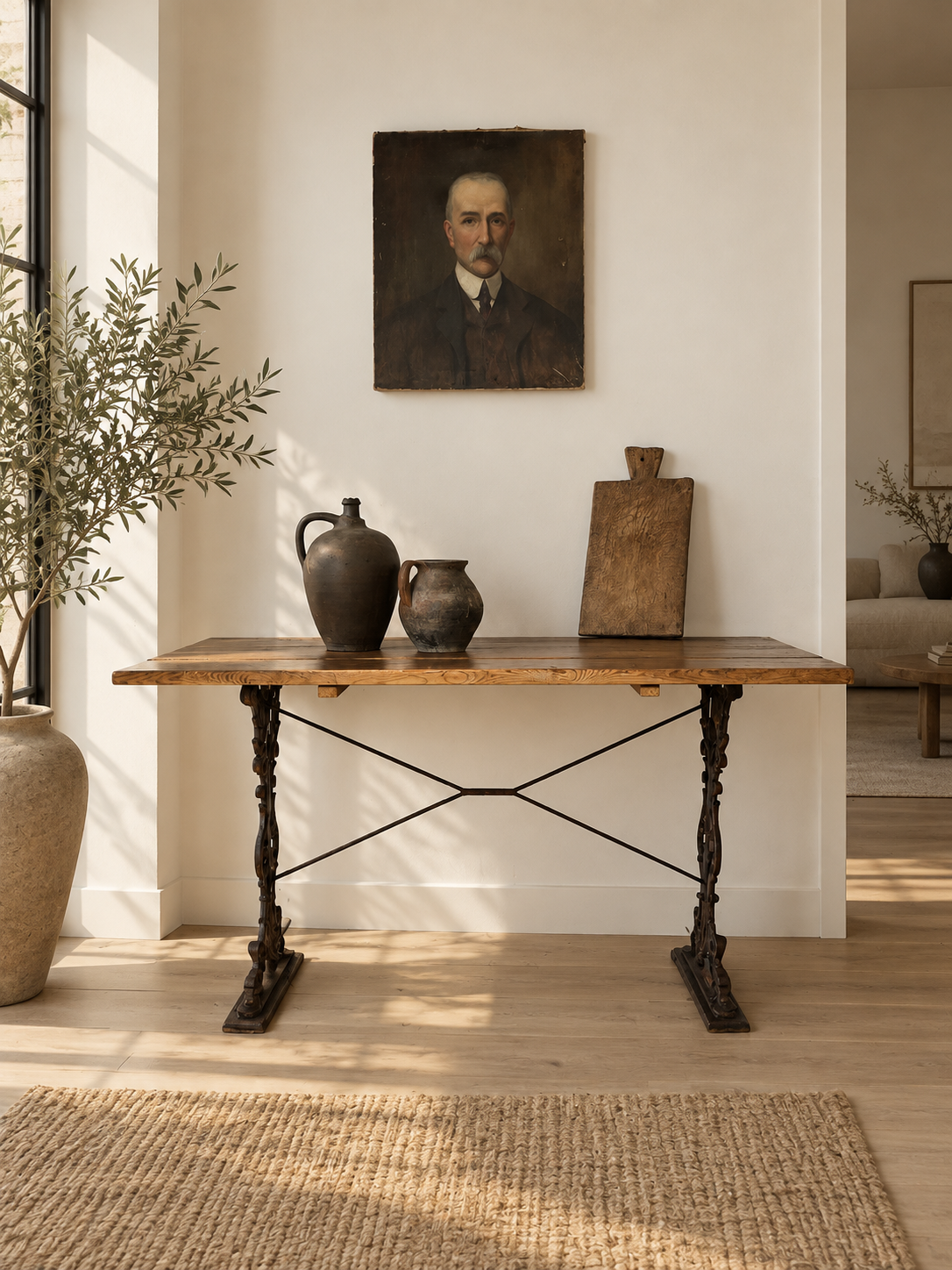Antique Cast Iron Base Wooden Top Table