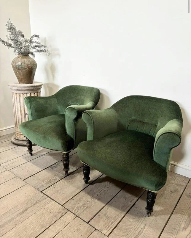 Pair Of Victorian Antique Green Velvet Tub Chairs