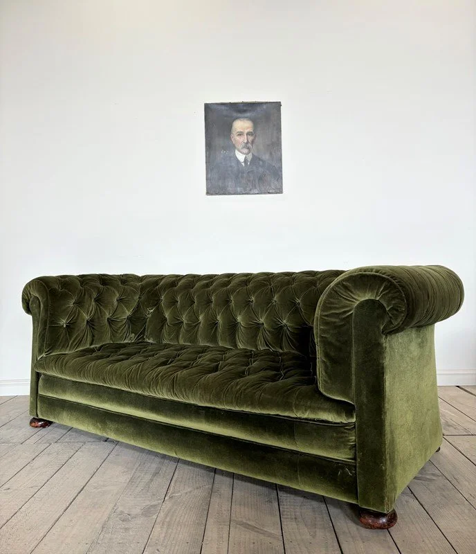Victorian Antique Buttoned Green Velvet Chesterfied Sofa