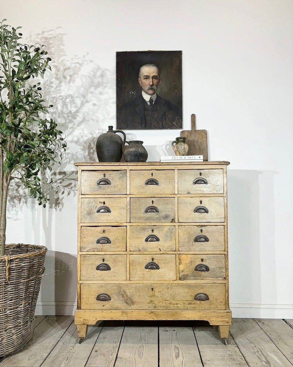 Victorian antique rustic pine bank of drawers