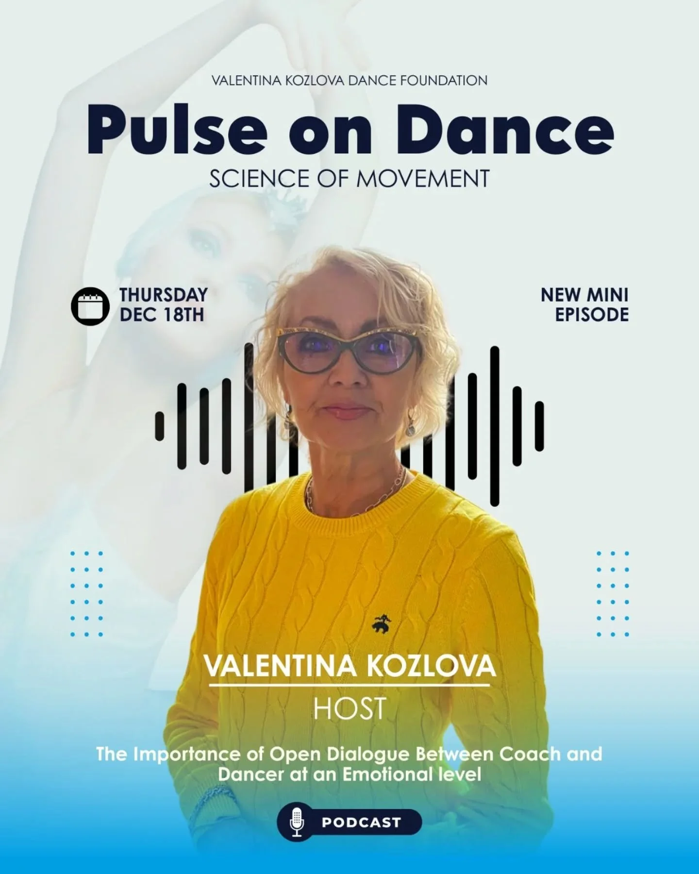 📣 NEW PODCAST ALERT 🔆
MINI EPISODE..
Pulse on Dance /Science of Movement

Topic:
The Importance of open dialogue between coach and dancer at an emotional level.
.
.
.
.
#pulseondance #valentinkozlova #podcast #coaching