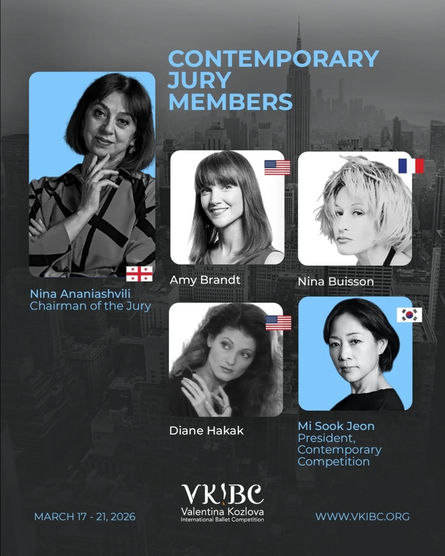 Contemporary Jury Members 
To know more visit 🔗 www.vkibc.org 
.
.
.
.
#vkibc #valentinakozlovainternationalballetcompetition #jurymember #nyccompetition