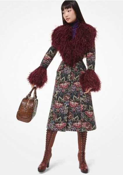 Michael Kors Collection Floral Tapestry Feather-Trim Coat