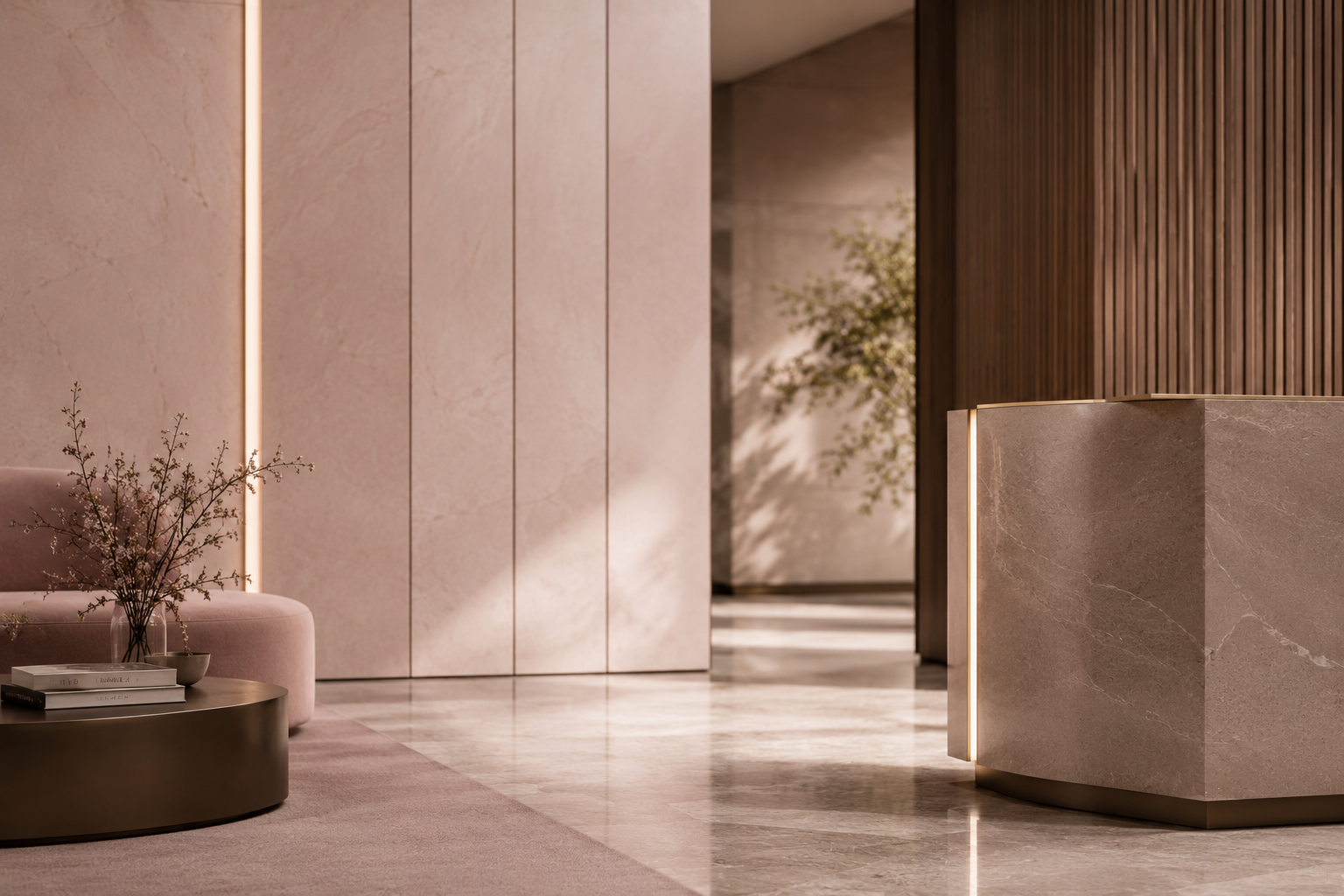 Elegant modern interior lobby with a round marble reception desk, soft pink sofa, glass vase with branches, and a light-colored wall panel with vertical lighting accents