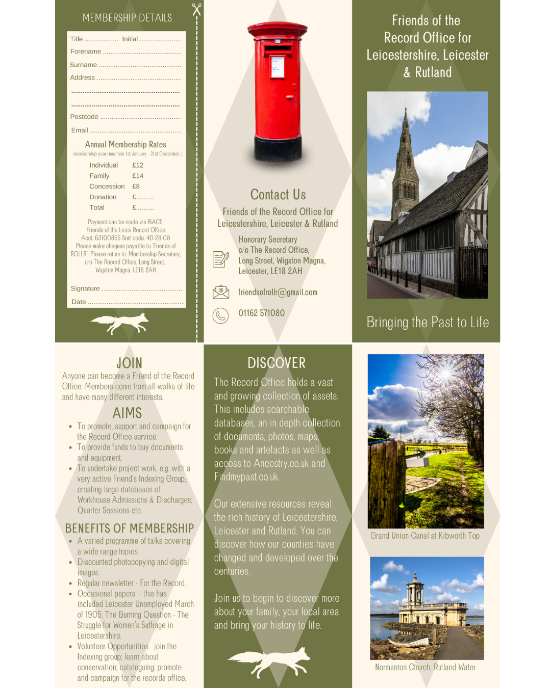 Re-design of the trifold leaflet for the Friends of the Record Office for Leicestershire, Leicester & Rutland