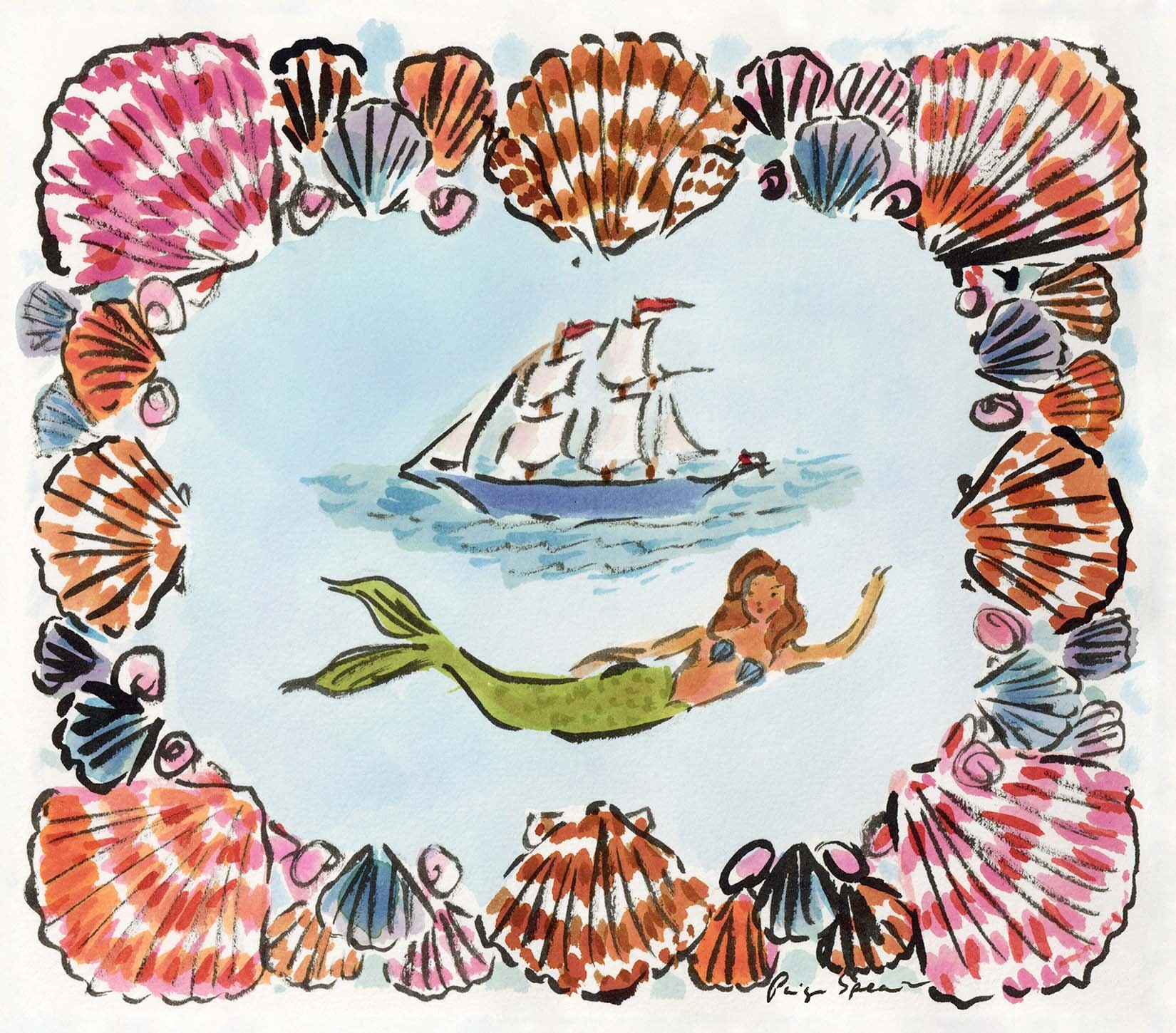 Siren and Sailboat Print 7 x 8