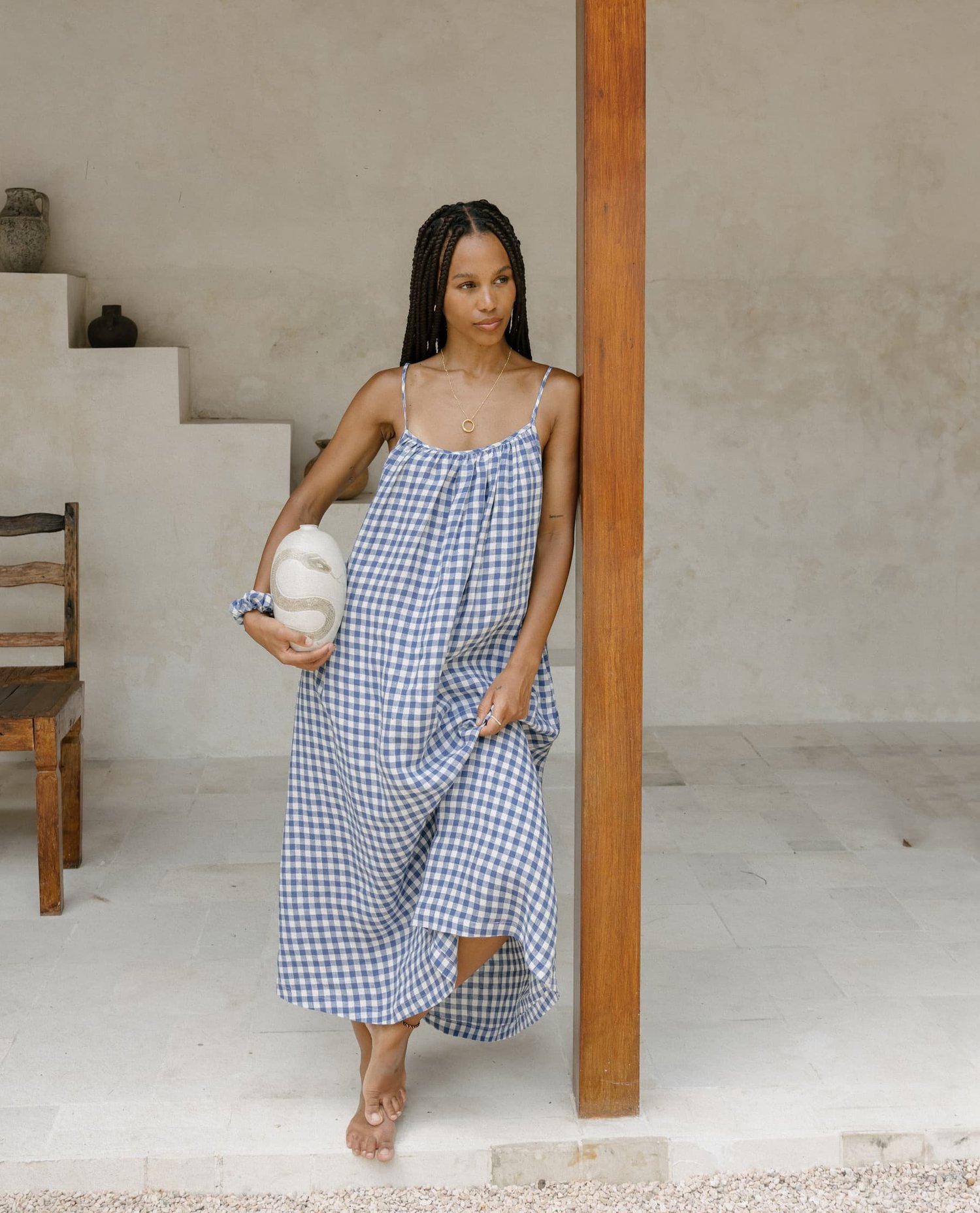 linen gingham dress VILLA long linen dress