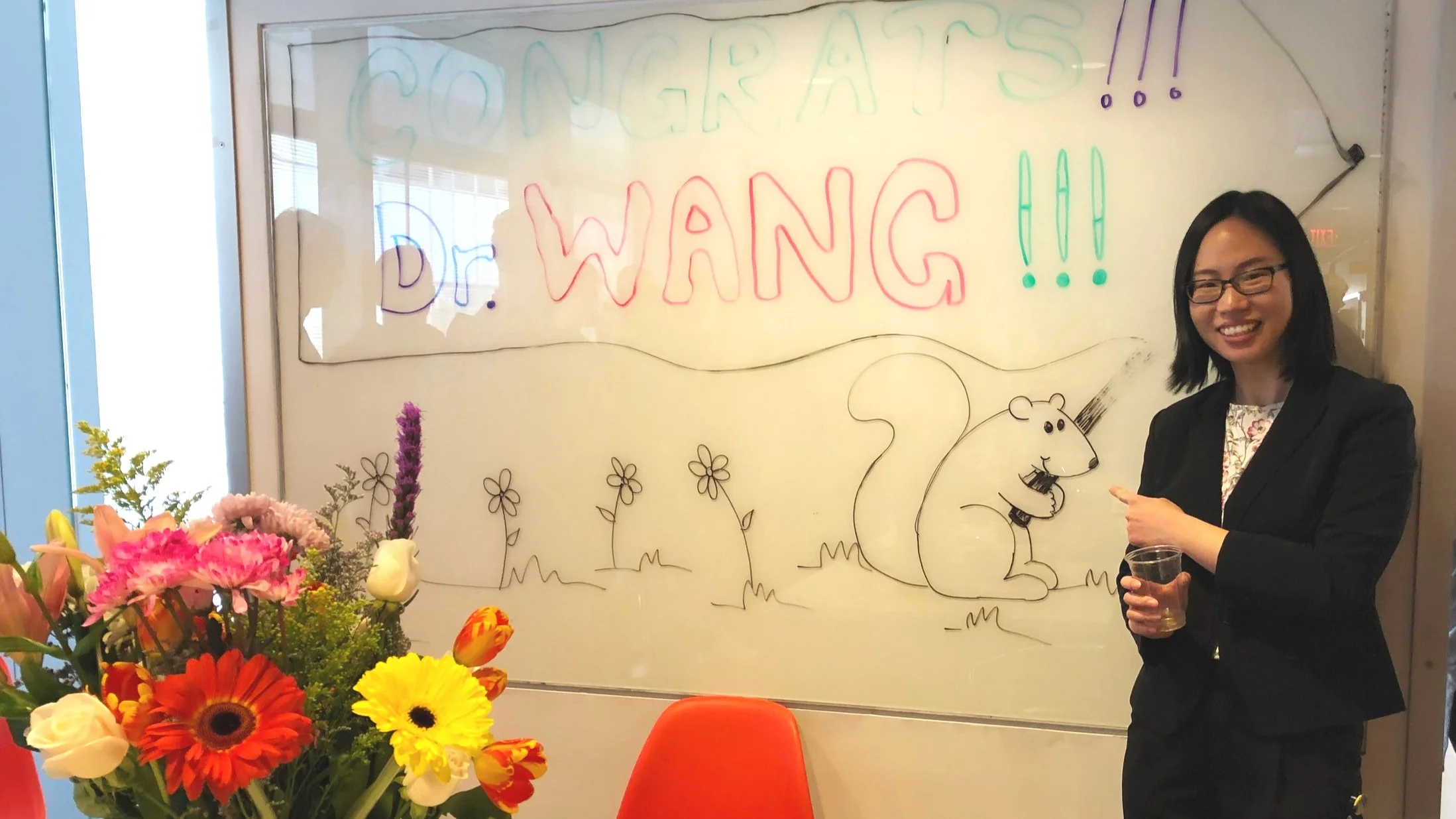 Newly minted Dr. Wang! In March 2019, student Ruojun Wang successfully defended her thesis work and now has her PhD! After her fantastic presentation, the lab celebrated with lots of food and an adorable squirrel drawn by rotation student Thais Klevorn.