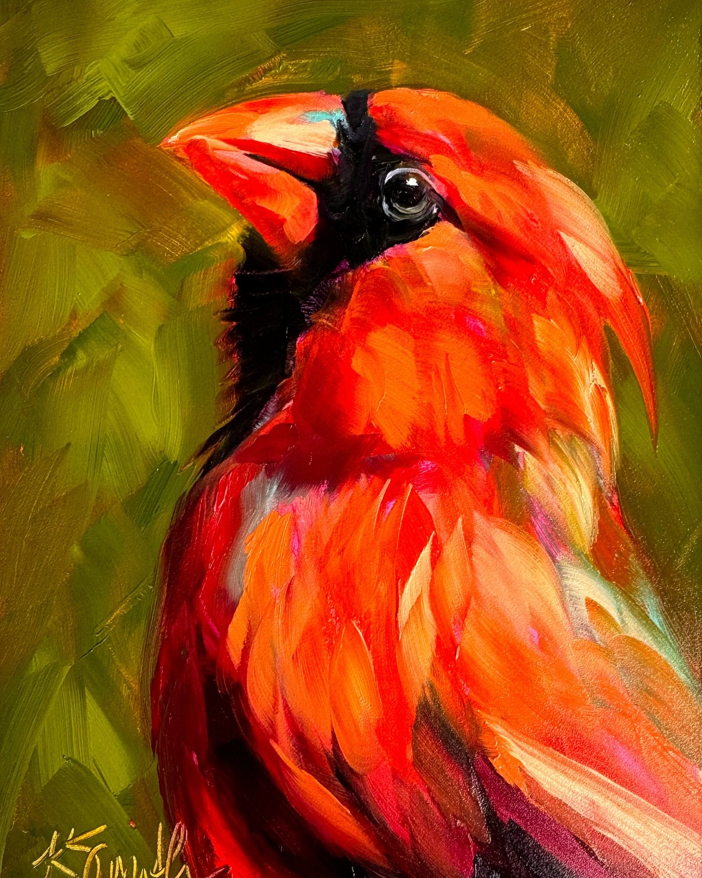 Meet Rico. He loves slow dancing and singing in the rain. 💕 This original oil painting is 6&rdquo;x8&rdquo; on a raised panel. Available, #dowhatyoulove #inspiringart #cardinal #birdofinstagram #creativelifehappylife #artistsoninstagram