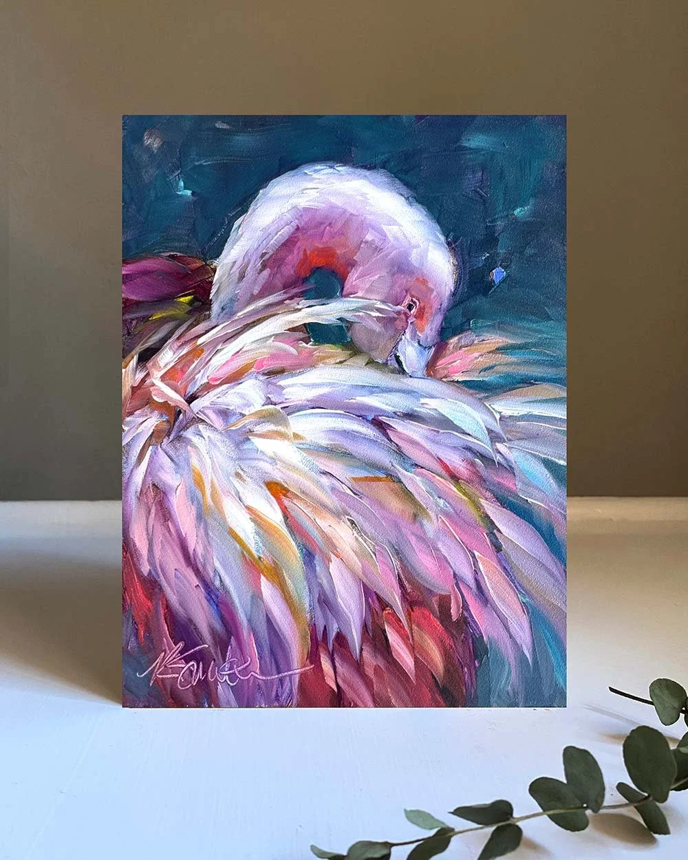 master_6x8xraisedkim smith fine art_original oil painting_flamingo_nanette_6x8x2_insitu.jpg