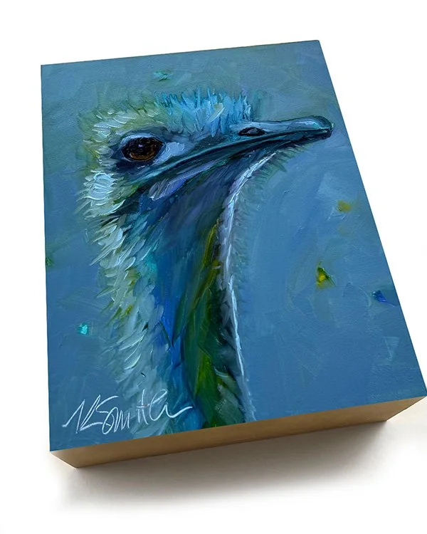 26.10.22_kim smith fine art_original oil painting_ostrich_vivian_6x8x2_angled_1.jpg