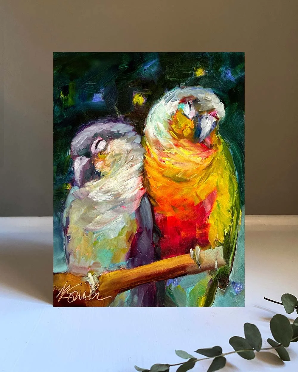 kim smith fine art_original oil painting_parrots_ed & sandy_6x8x2_insitu-1.jpg