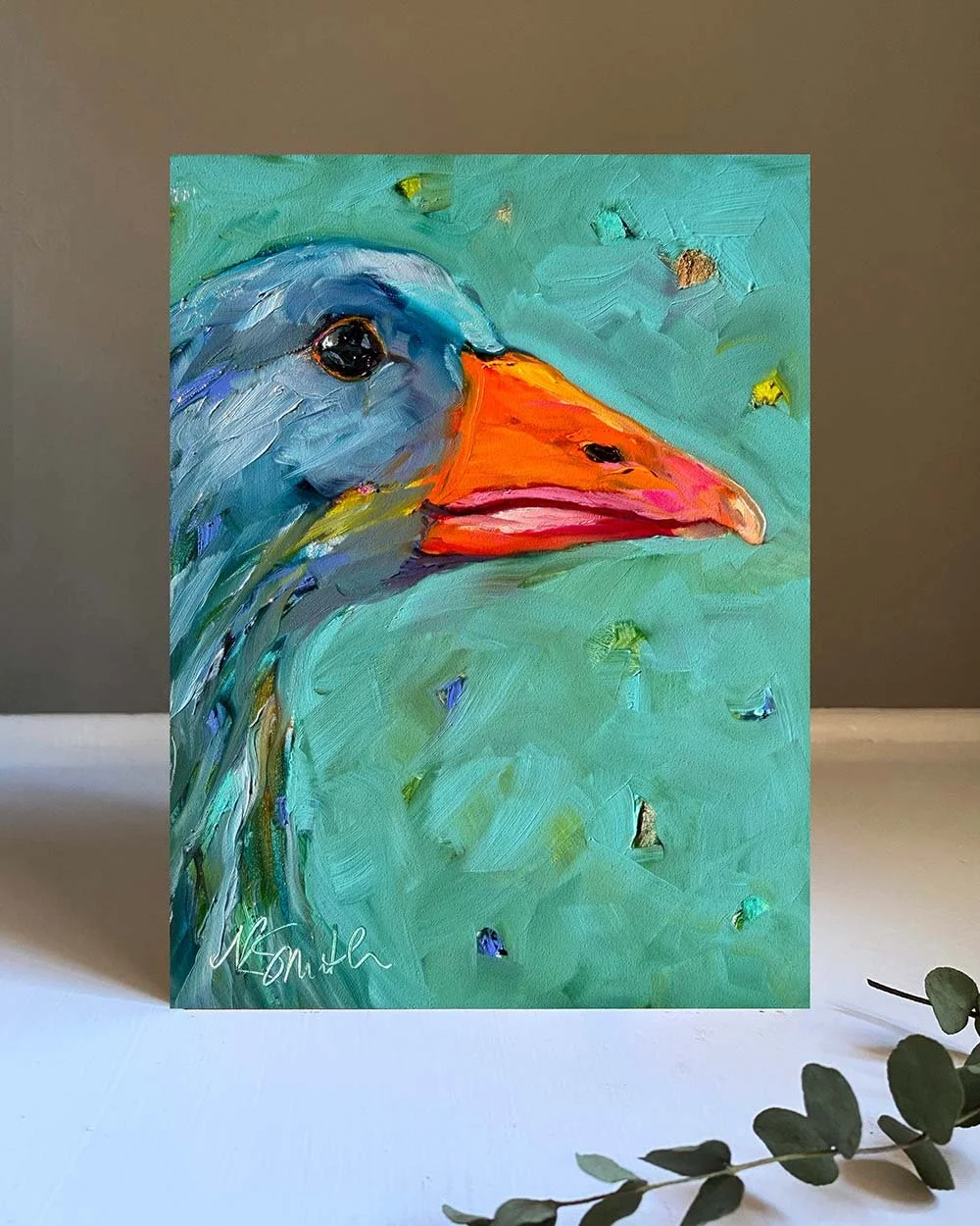 26.7.23_kim smith fine art_original oil painting_duck_joe_6x8x2_insitu.jpg