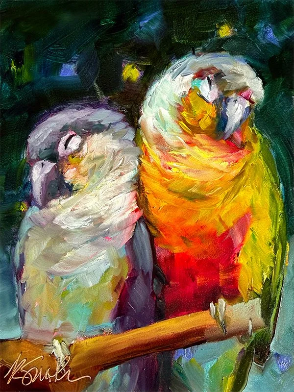 kim smith fine art_original oil painting_parrots_ed & sandy_6x8x2_cropped.jpg
