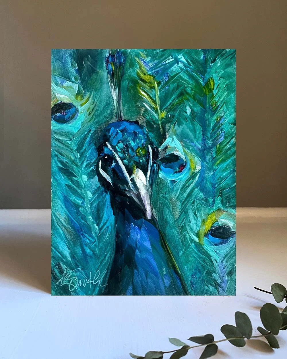 26.1.5_kim smith fine art_original oil painting_bird_peacock_miriam_6x8x2_insitu.jpg