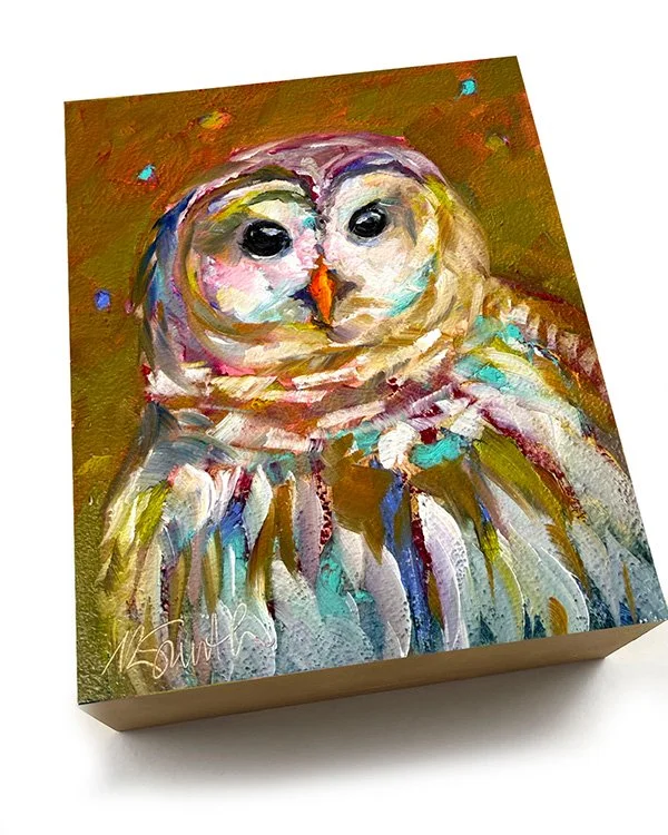 kim smith fine art_original oil painting_owl_sue ellen_6x8x2_angled_1.jpg