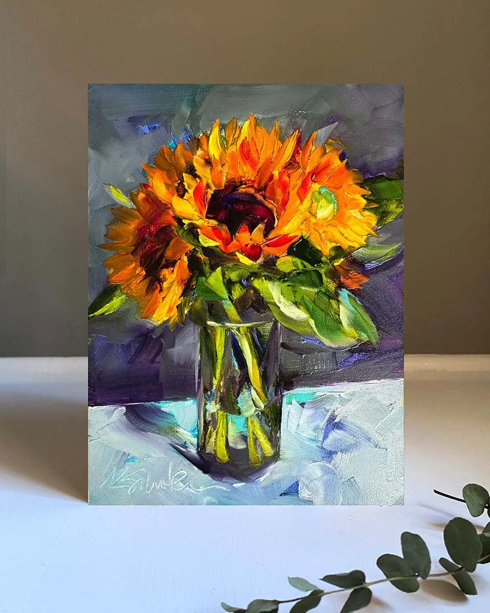 25.8.21_kim smith fine art_original oil painting_sunflower_belonging_6x8x2_insitu.jpg