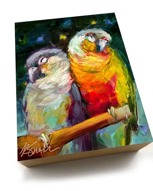 kim smith fine art_original oil painting_parrots_ed & sandy_6x8x2_angled_1.jpg