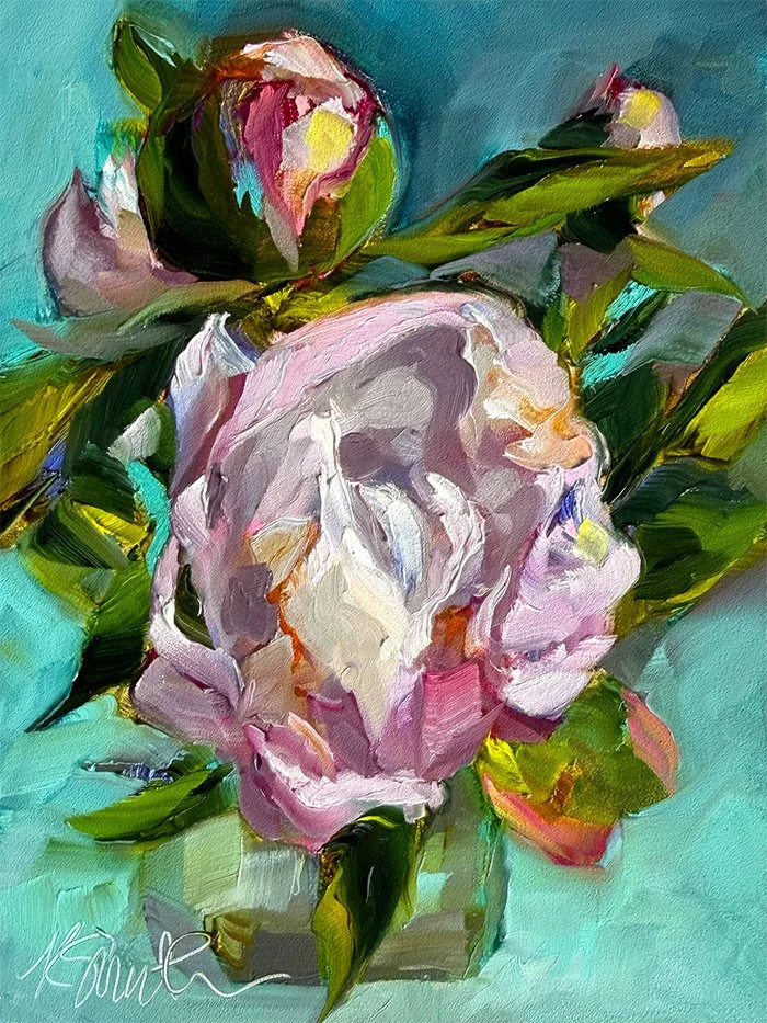"softly unfurled" vertical original oil painting