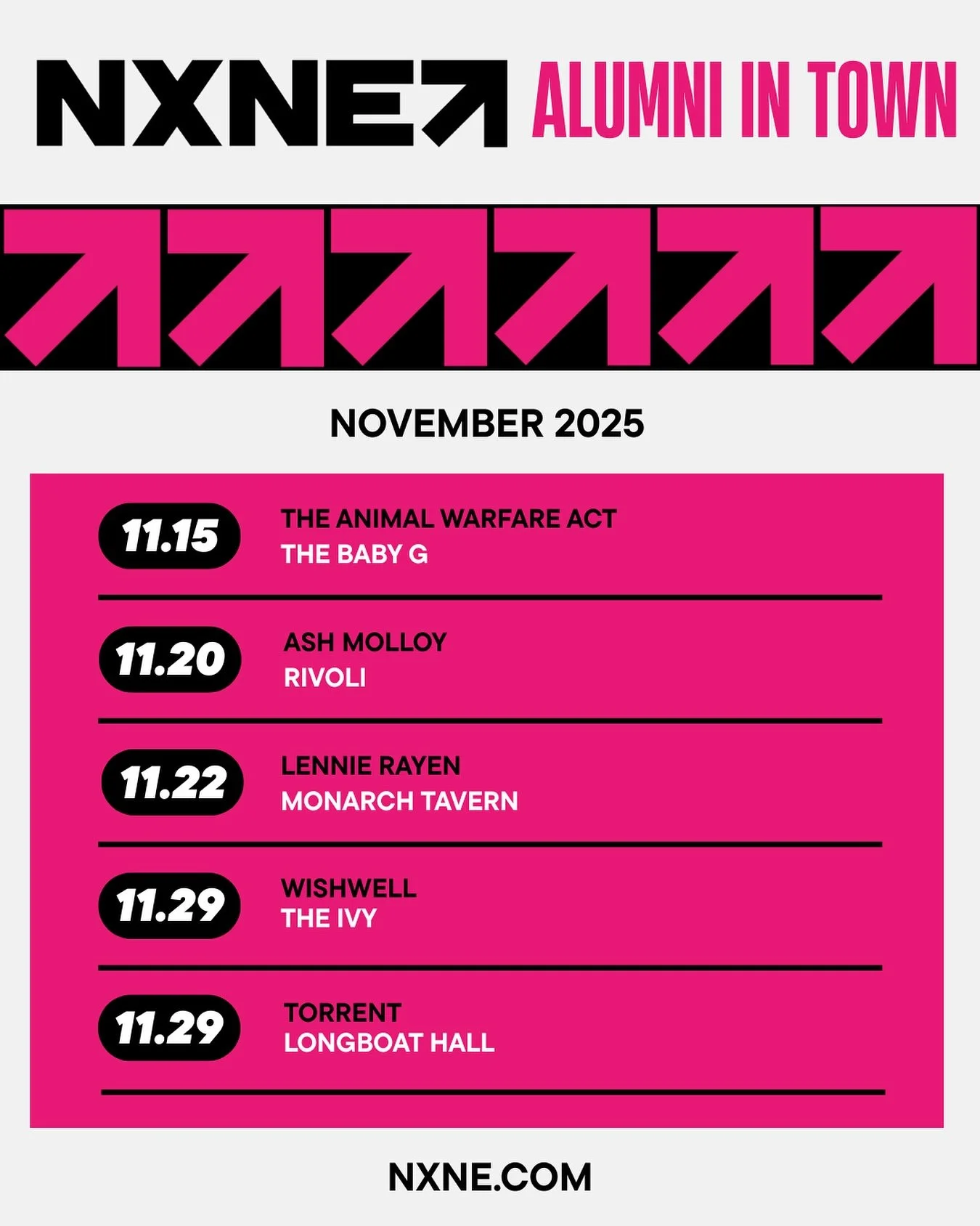 Another week, another list of amazing NXNE alumni lighting up the stages across Toronto 🔥

Which show will you be at? 👀

Don&rsquo;t forget to submit your shows at the link in our bio! More info at nxne.com

#NXNEAlumni