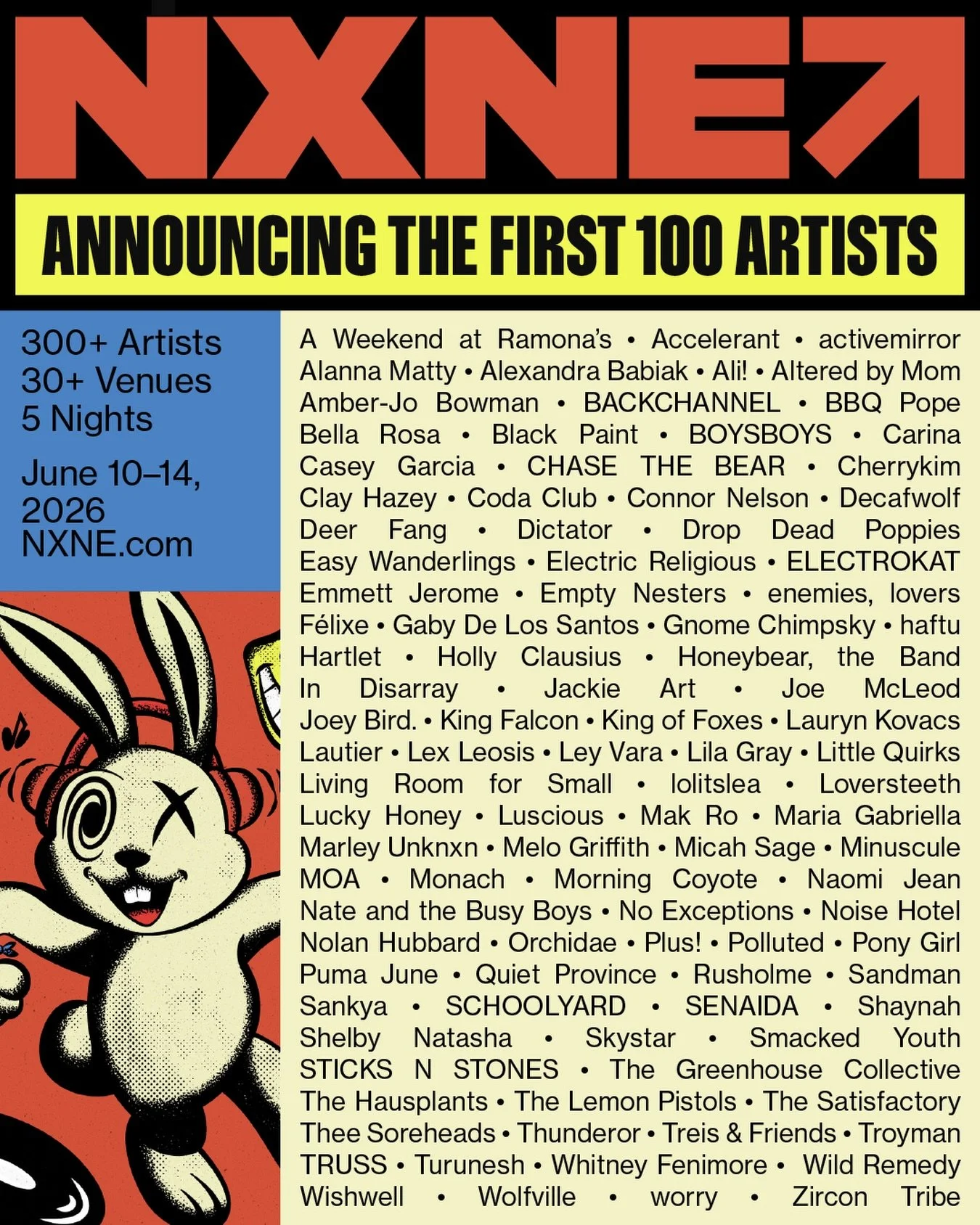 🚨 ANNOUNCEMENT TIME 🚨

The first 100 artists of NXNE 2026 have officially arrived - and this June, they&rsquo;re taking over Toronto! 

5 nights. 30+ venues. 300+ artists.

Full artist bios at the link in our bio 🔗 

#NXNE2026