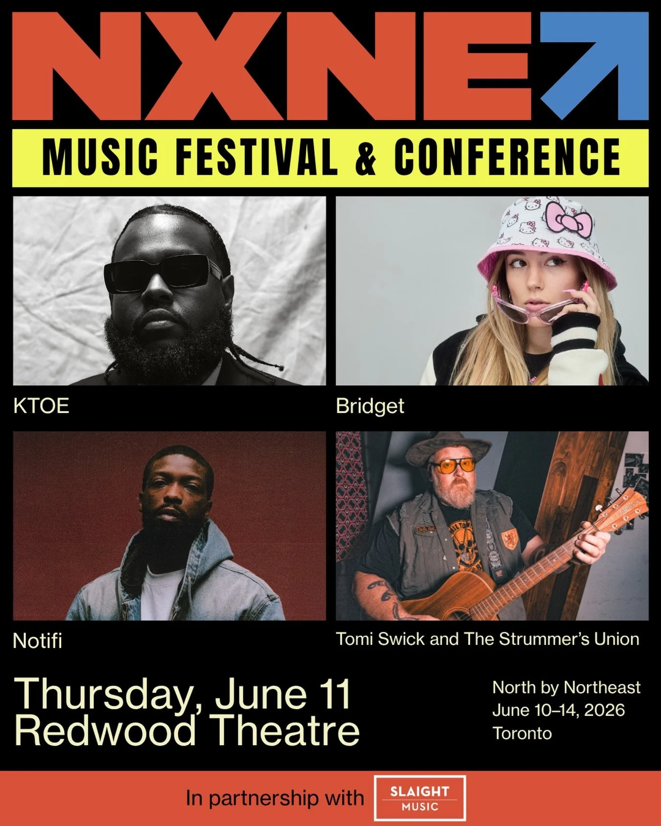 NXNE is excited to partner with Slaight Music for another year to deliver an unforgettable showcase at Redwood Theatre.

Four artists, one night of great music. Get your tickets now at nxne.com 🎟️

#nxne2026