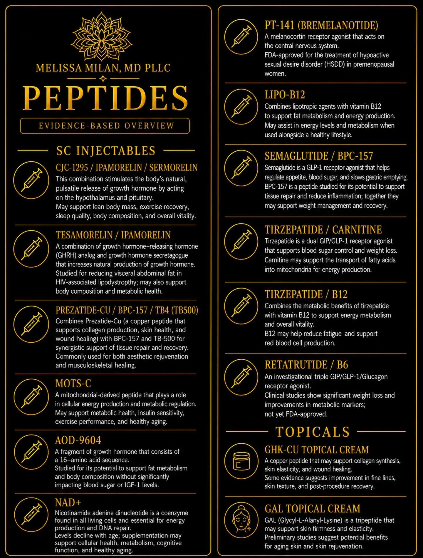 New peptide brochure! 

I&rsquo;ve created an at-a-glance brochure to give you an overview of the evidence-based research behind some of my favorite peptides. Some of these are FDA-approved while some are not. I have personally used all of these pept