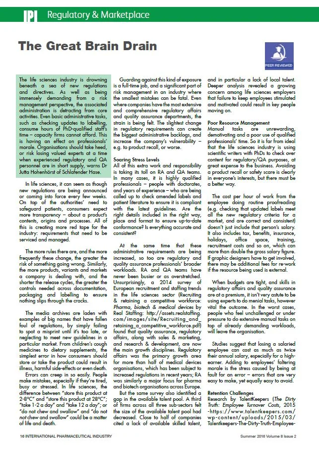 From International Pharmaceutical Industry Magazine , July 2016