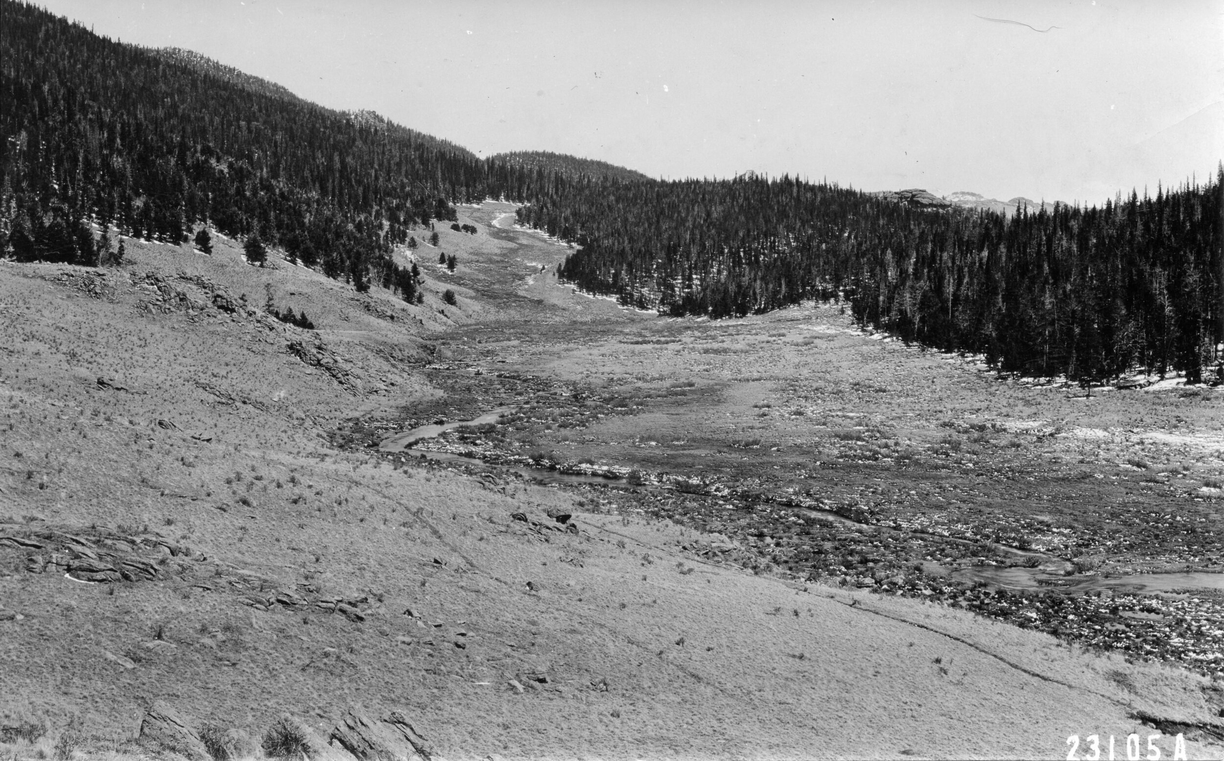  The Wilderness boundry runs along a line approximately where you see the trees in this 1914 photo. Today, the Lost Park Campground can be found at this location (bottom left side of photo) and the Wigwam trailhead is on the right. 