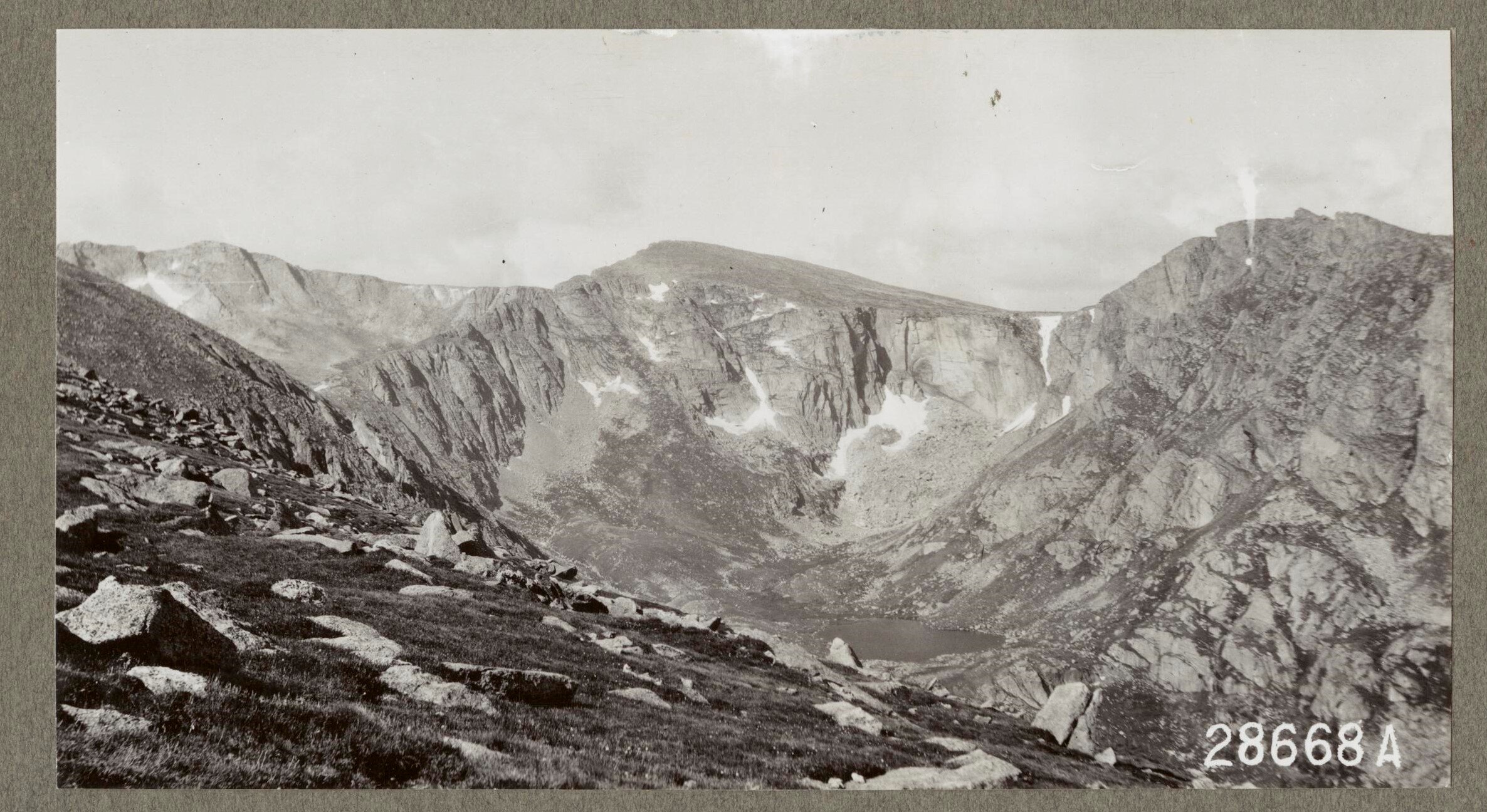  This 1916 photo of Mount Evans was taken from above Chicago Lakes and close to the current Goliath Natural Area. The photographer would likely have reached this location by horseback since the road to the top of Mount Evans was not started until 192