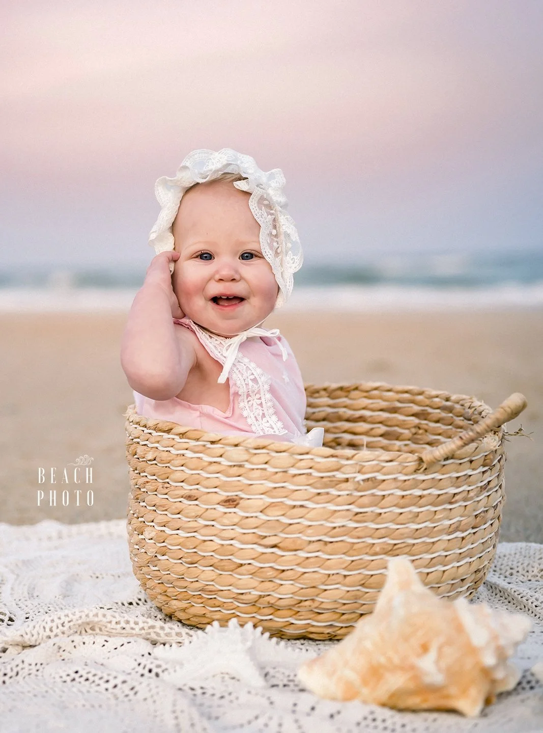 Baby in a Bonnet and Basket on the Beach WM.jpg
