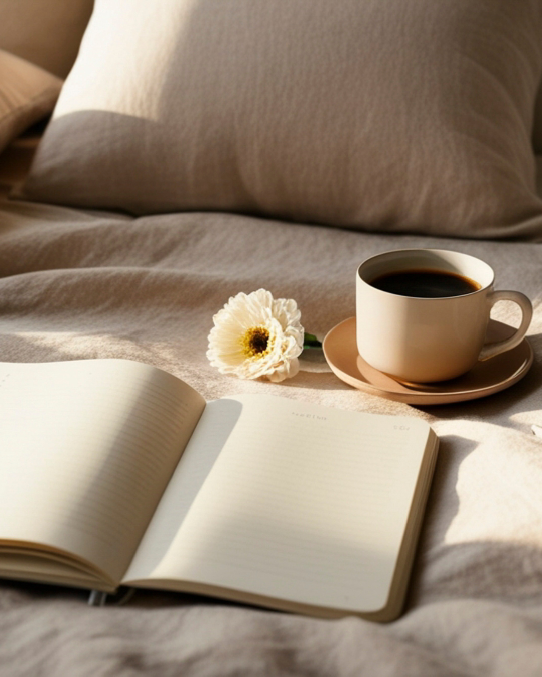 Open notebook, white flower, mug of black coffee on saucer, and pillow on bed in sunlight.