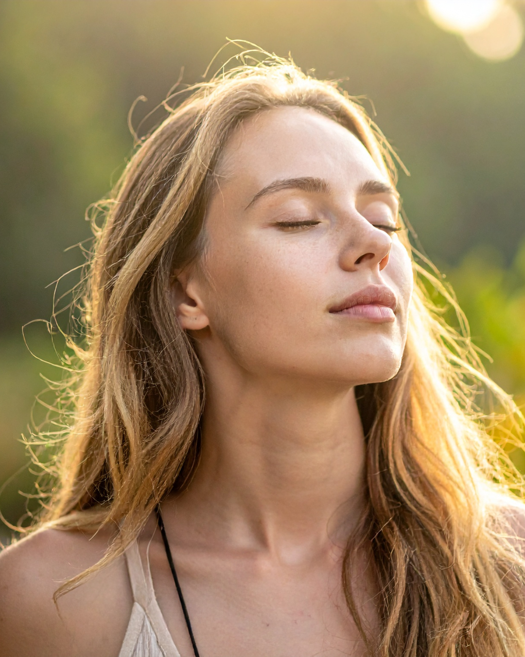 A woman with long wavy hair, eyes closed, standing outdoors in sunlight with a serene expression.