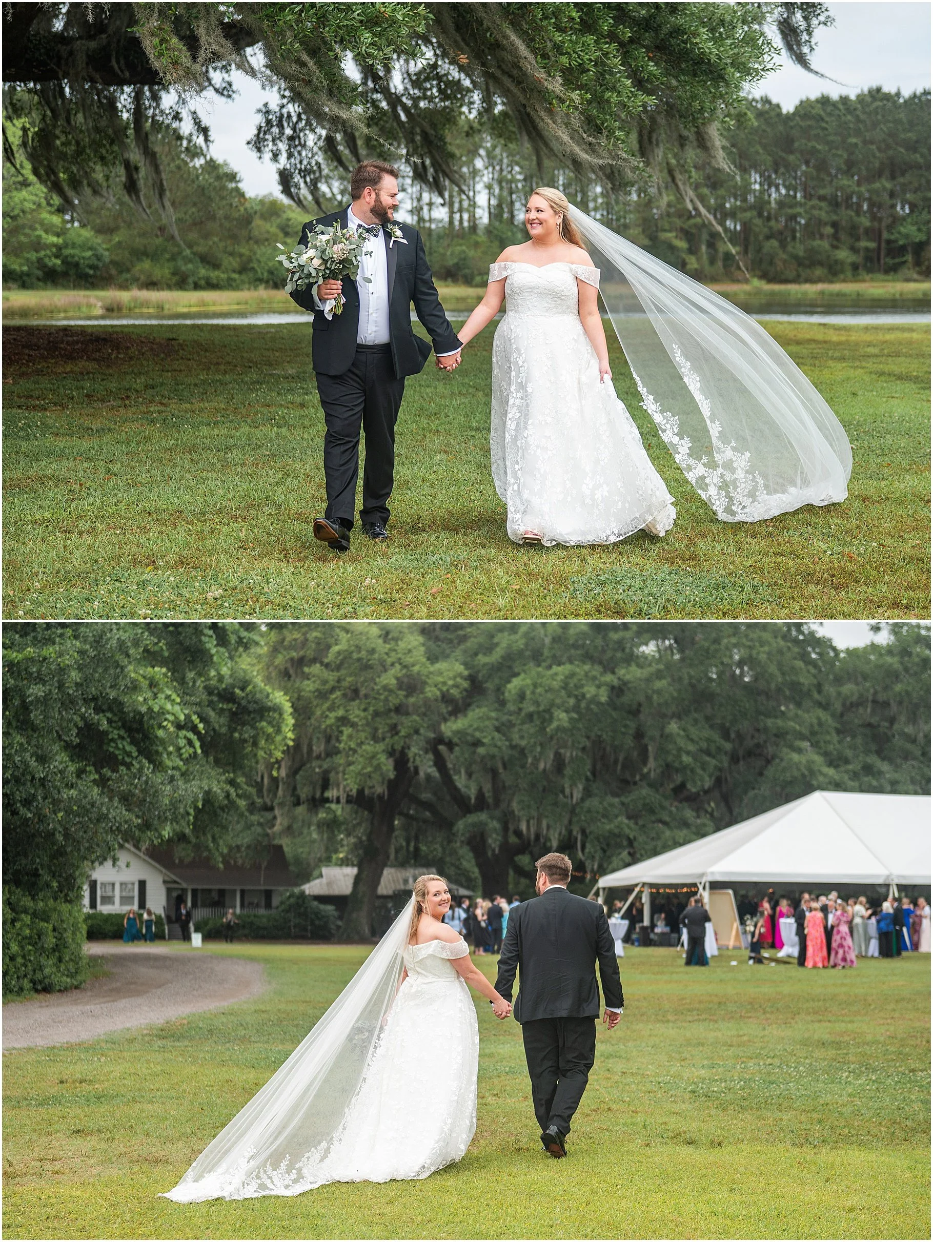 two wedding portraits of a bride and groom walking under a moss-draped live oak and then walking to their reception at Wingate Place on Johns Island, SC