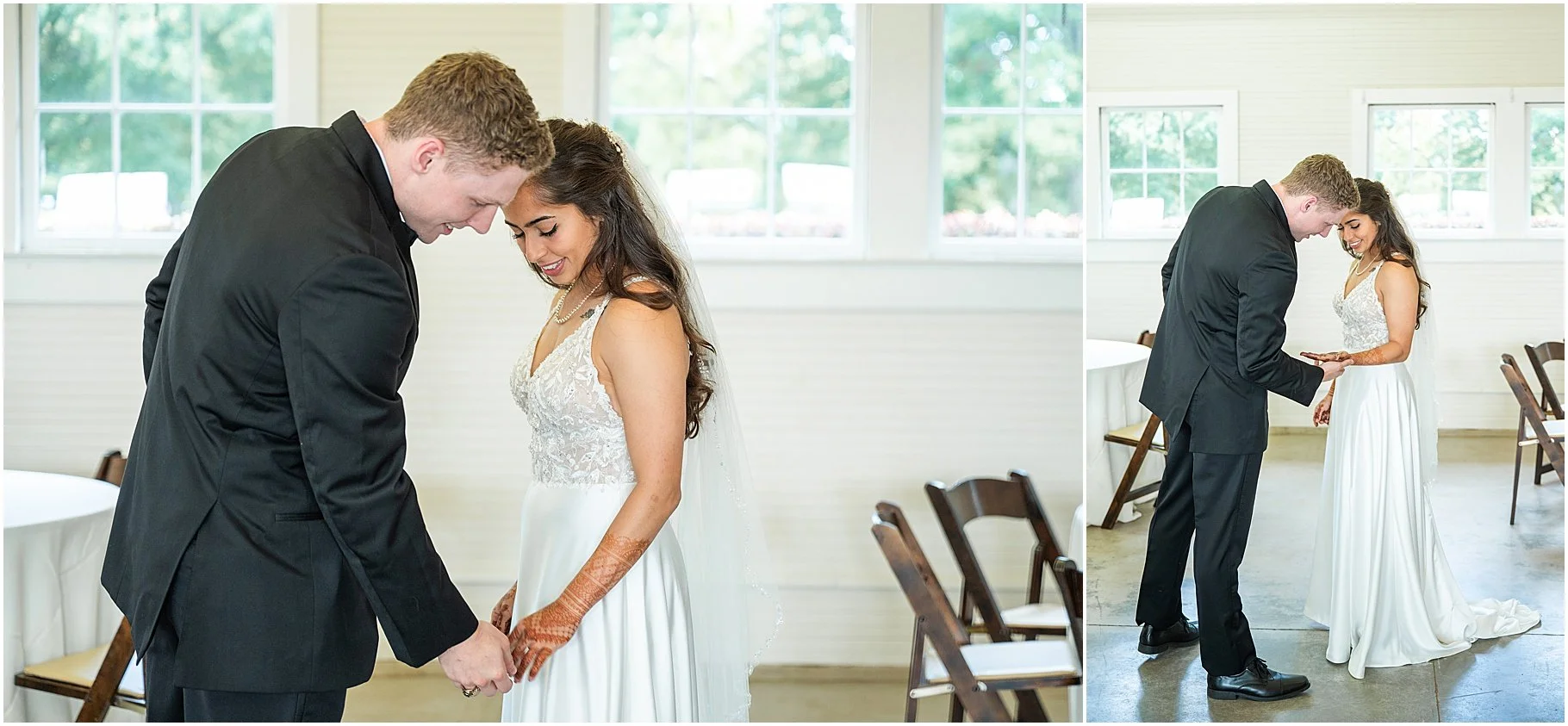 First Look between Bride and Groom | Dairy Barn at Anne Springs Close Greenway