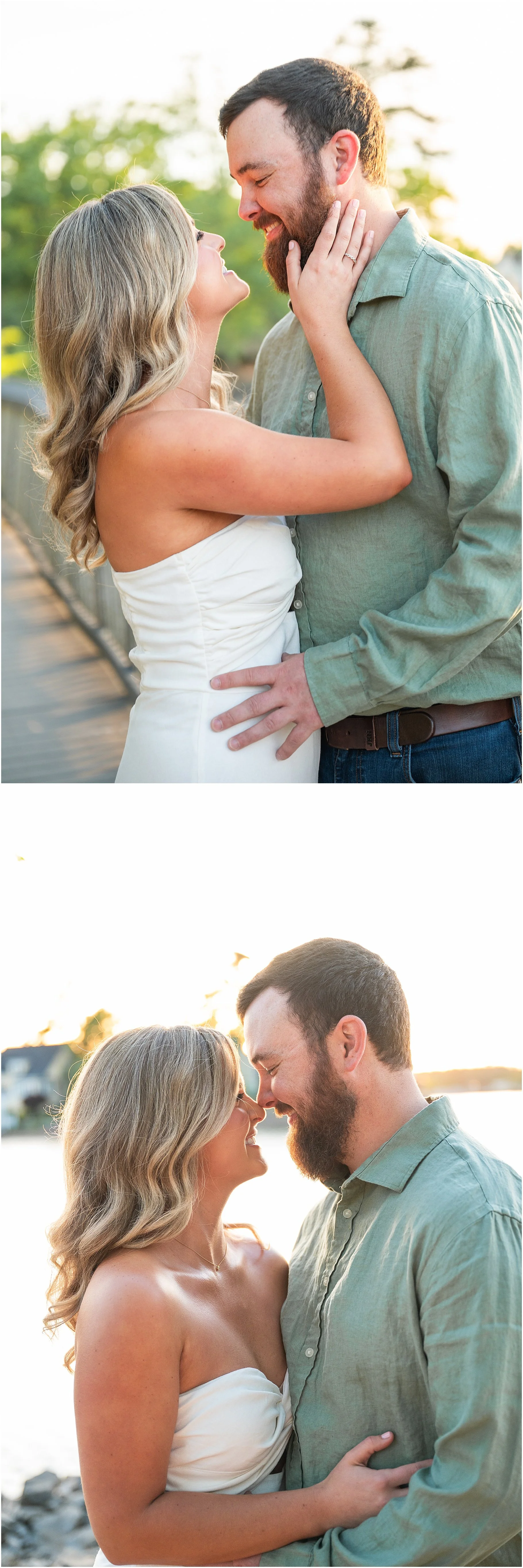 Two photos of a couple smiling at each other in front of Lake Wylie, with the sun setting behind them