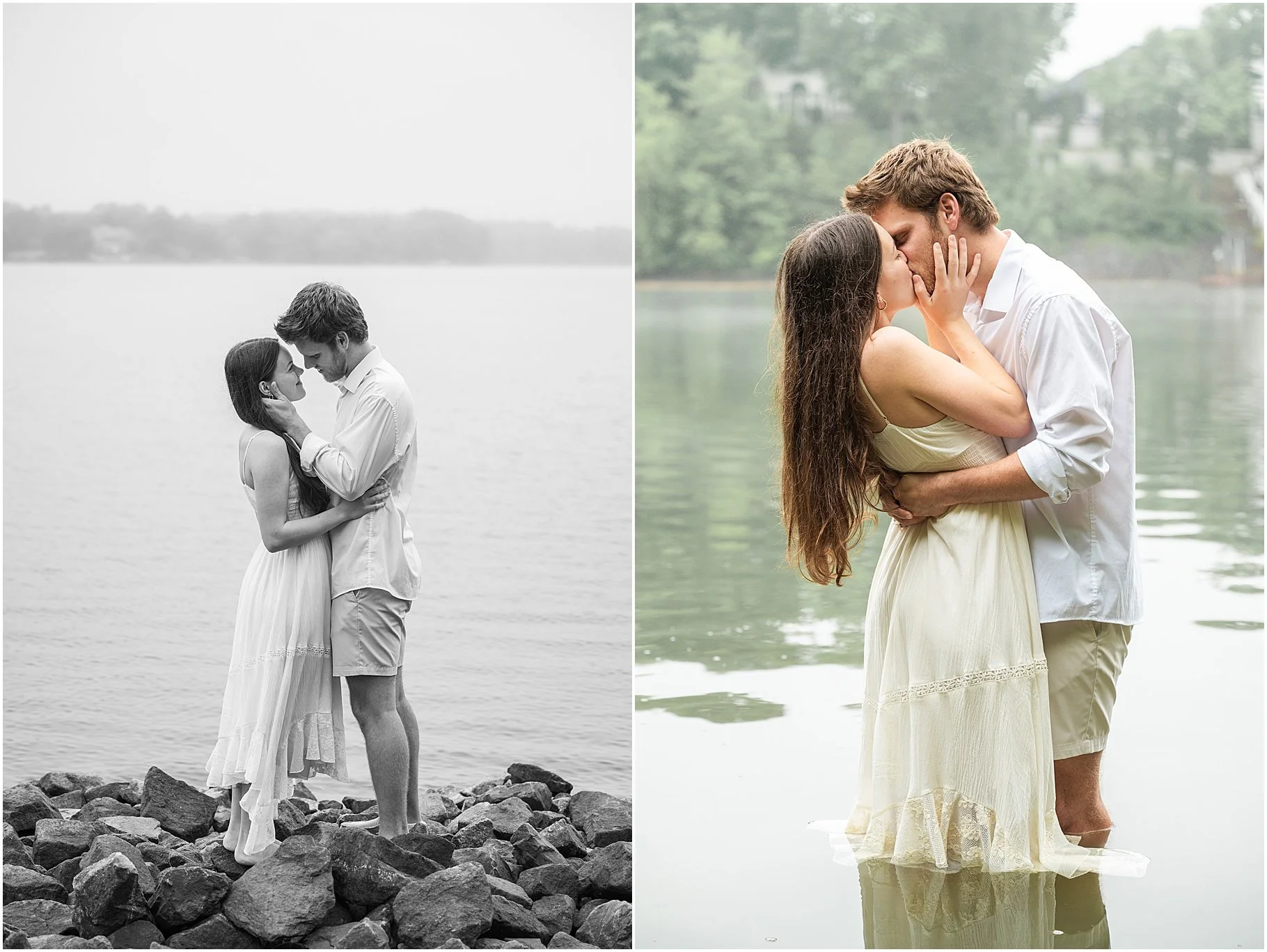 2 photos of a couple, one black and white of them standing on the rocks next to Lake Wylie, and the other of them actually standing in the lake and kissing