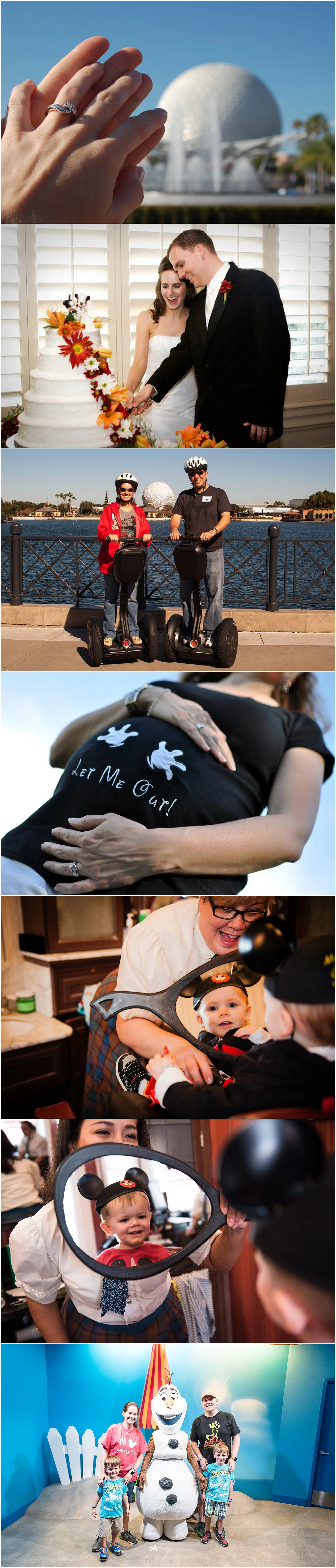 A series of images showing a man and woman getting engaged, married, and raising their children as a Disney family