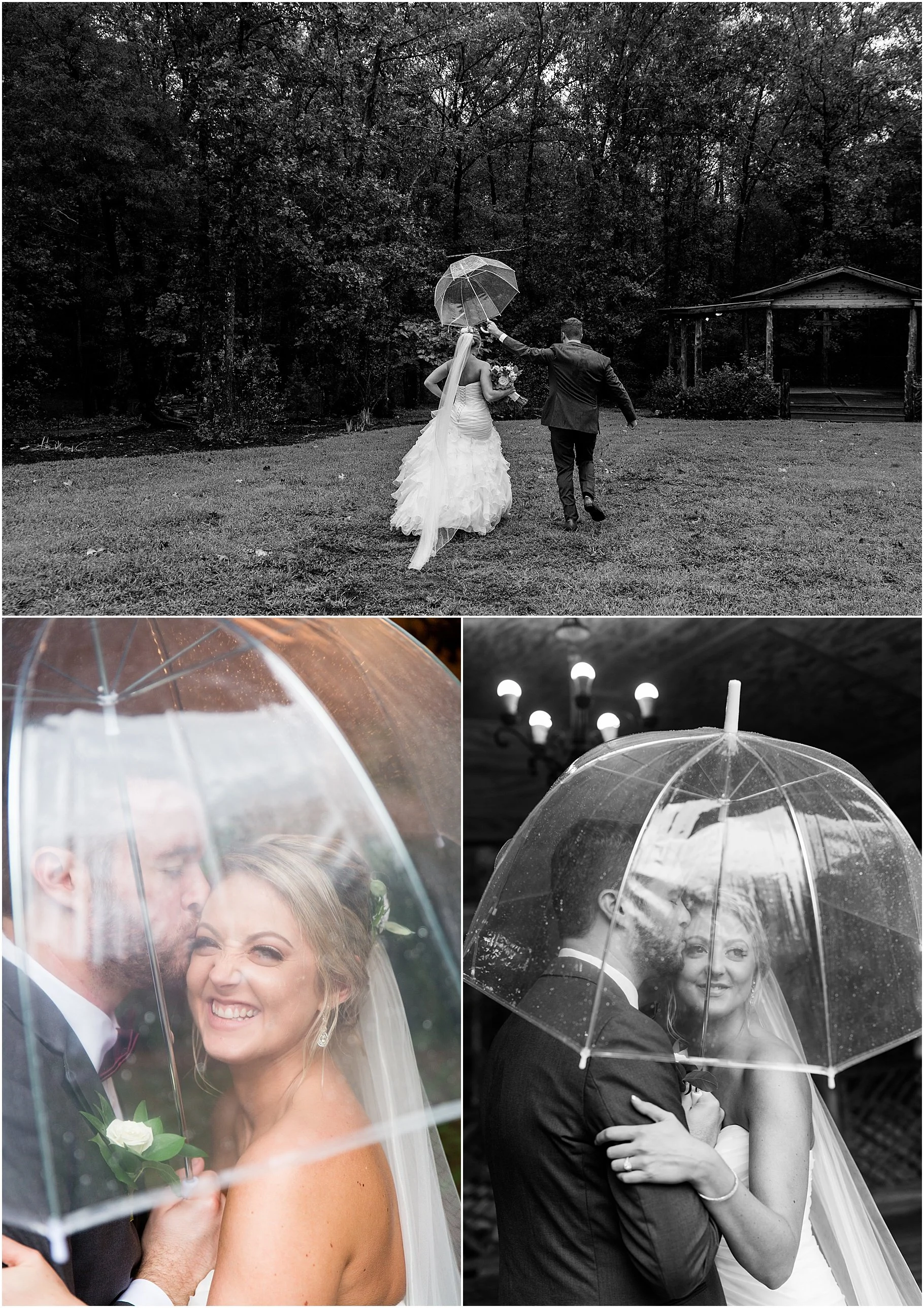 Wedding photos of a happy couple under a clear umbrella on a rainy day