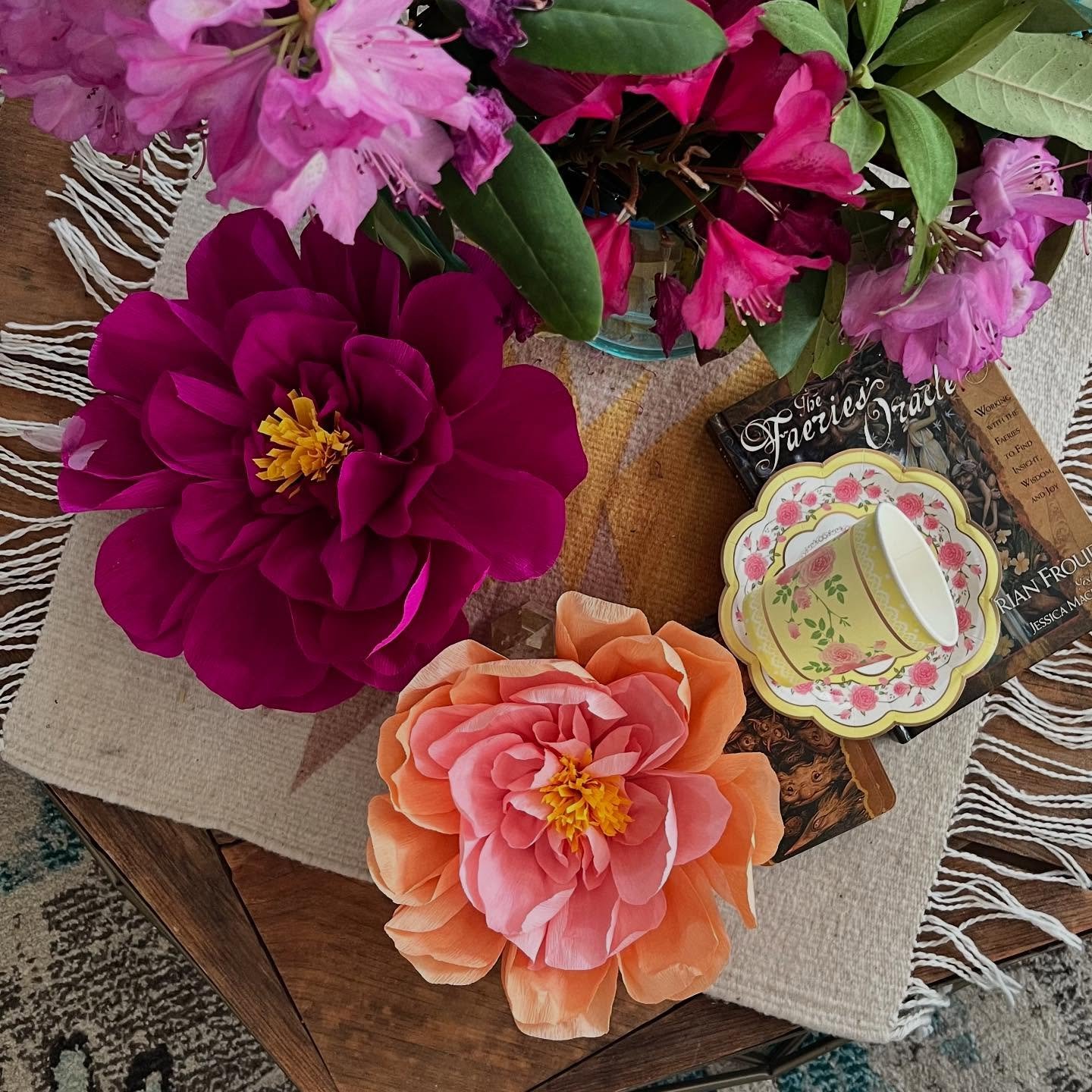 Peonies in paper. Dozens more, but extra large, being made to bring tea party magic. Get your tickets if you haven&rsquo;t yet. We only have so many 🧚🏼🌈💞