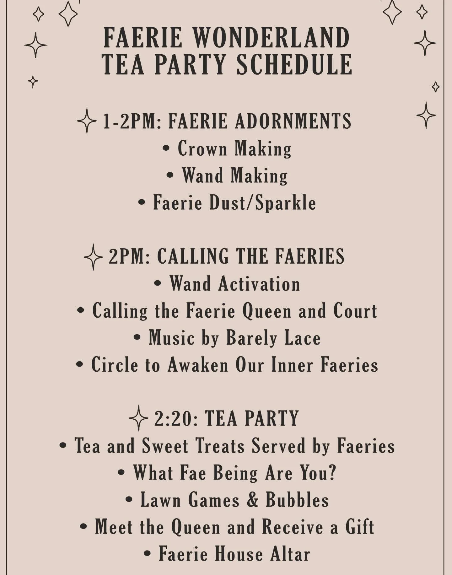 ✨ Here&rsquo;s a peek at the magic in store for June 22 at our Faerie Wonderland Tea Party! ✨

From Crown Making and Wand Crafting to Crowning Ceremonies and whimsical performances, this day will be filled with enchantment for fae folk of all ages. ?