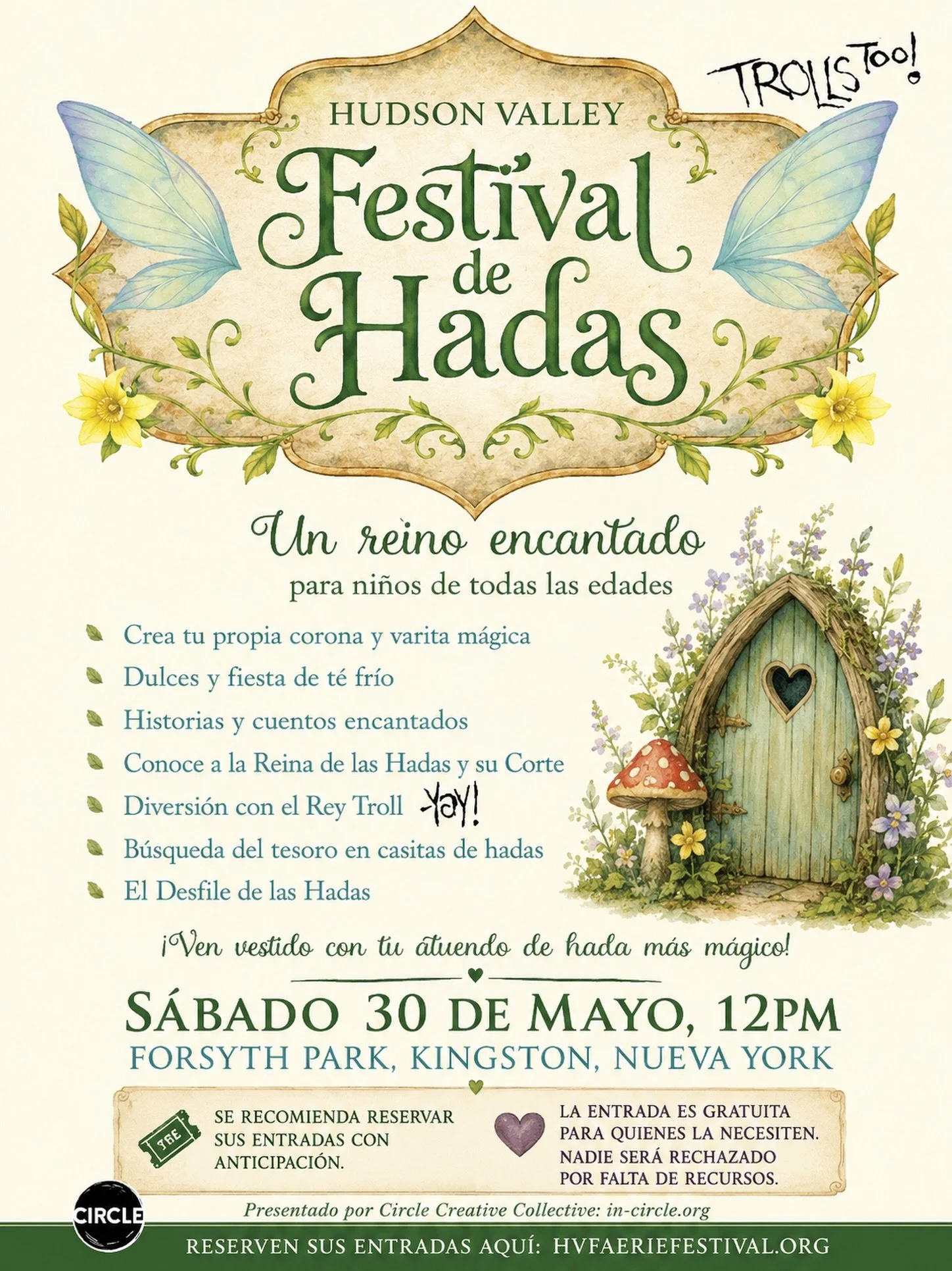 Hello dear. If you&rsquo;re still part of the WhatsApp groups of Spanish speaking locals could you post this there:

🧚&zwj;♀️ Festival de Hadas del Valle del Hudson

S&aacute;bado 30 de mayo, de 12:00 p.m. a 4:00 p.m.
Forsyth Park, Kingston, Nueva Y