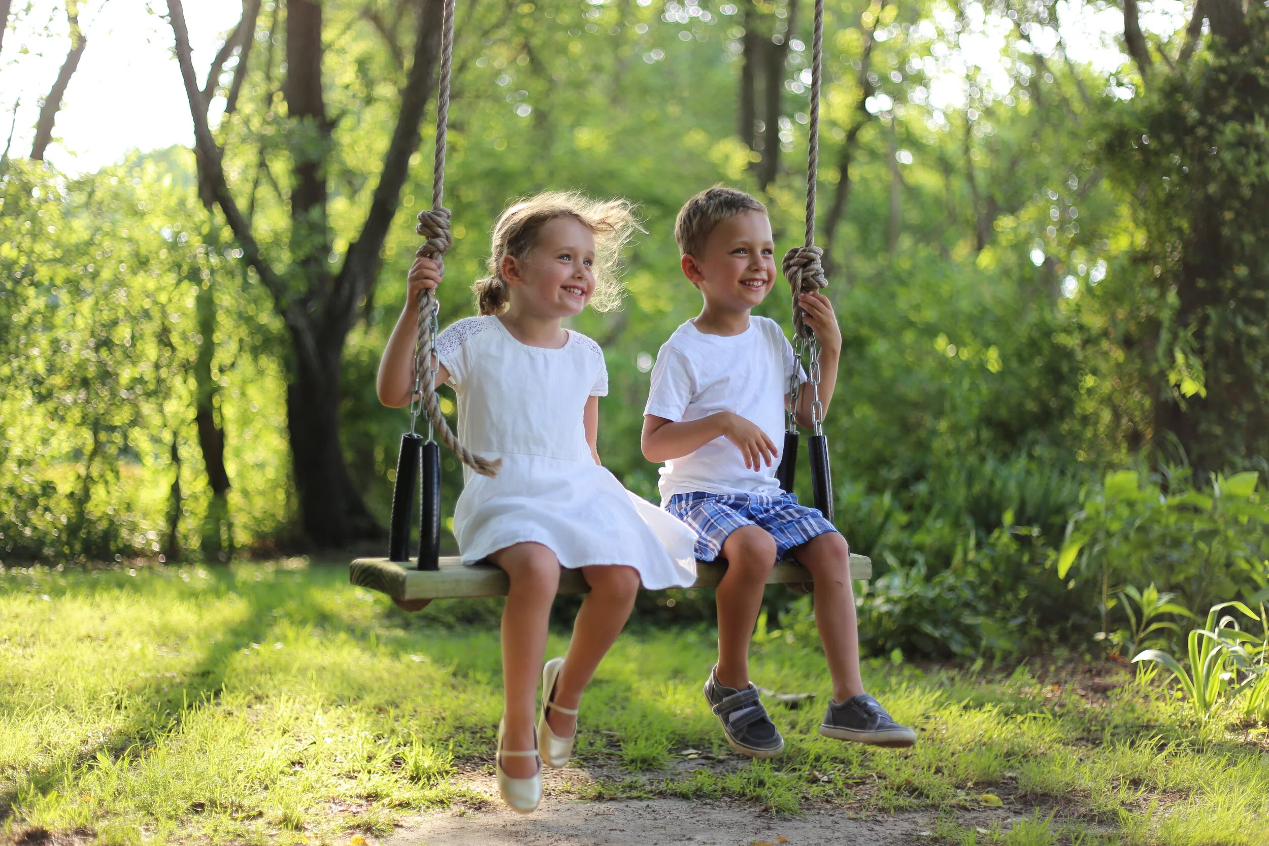 Two children sitting on a swing in a forest