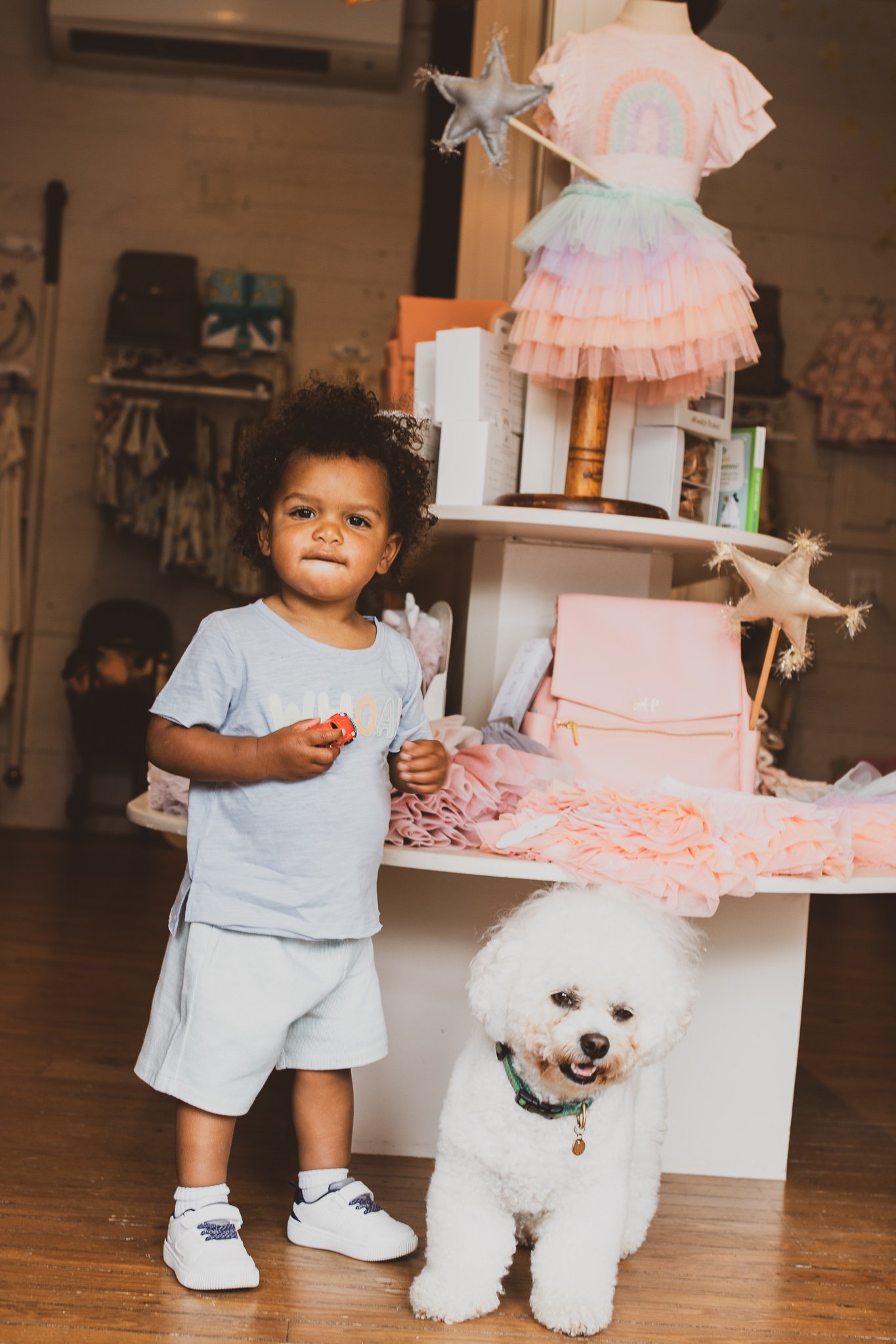 Child with toy car standing next to fluffy white dog in a boutique with a mannequin wearing a pastel dress.