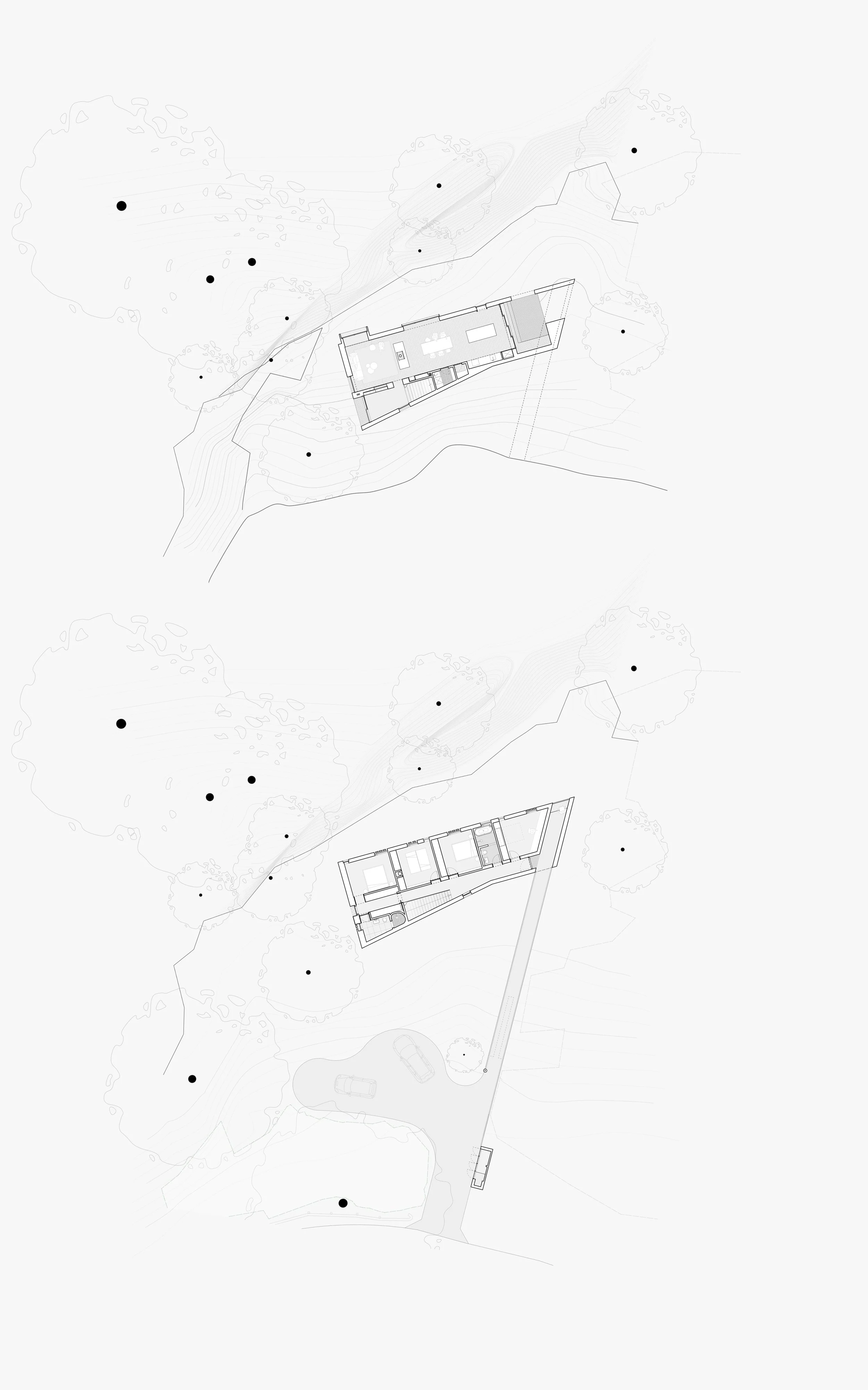 Architectural floor plans of a house in a rural setting with trees, a driveway, and outdoor features.