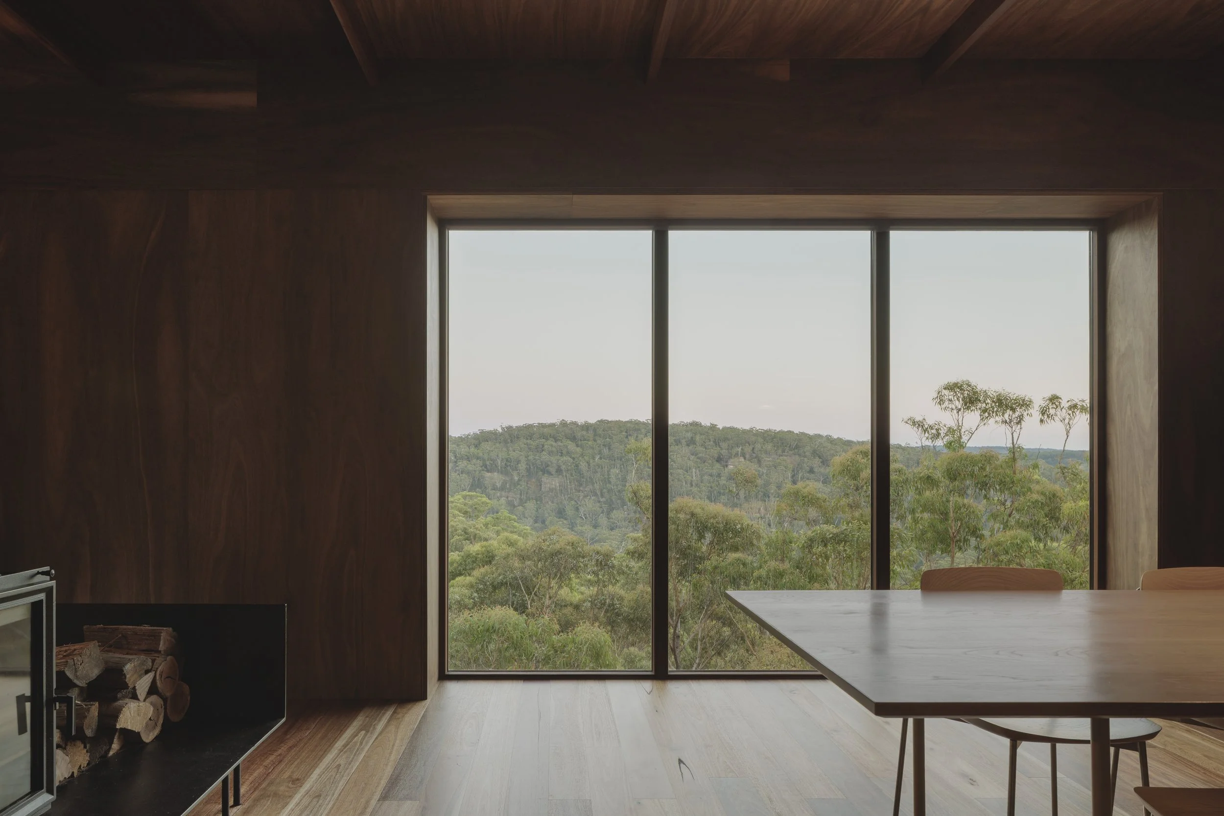 EA House, Southern Highlands NSW near bowral and mittagong. Dining Room view from EA house overlooking the australian bush.